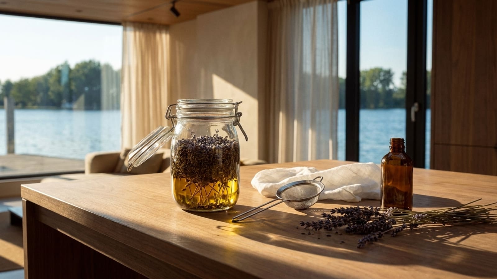Offenes Bügelglas mit getrockneten Lavendelblüten und goldgelbem Öl auf einer Holzplatte bei tief stehender Sonne, daneben ein kleines Metallsieb, ein weißes Tuch, eine braune Glasflasche ohne Etikett und ein Bund getrockneter Lavendel, im Hintergrund Vorhänge und Fenster mit Blick auf Wasser