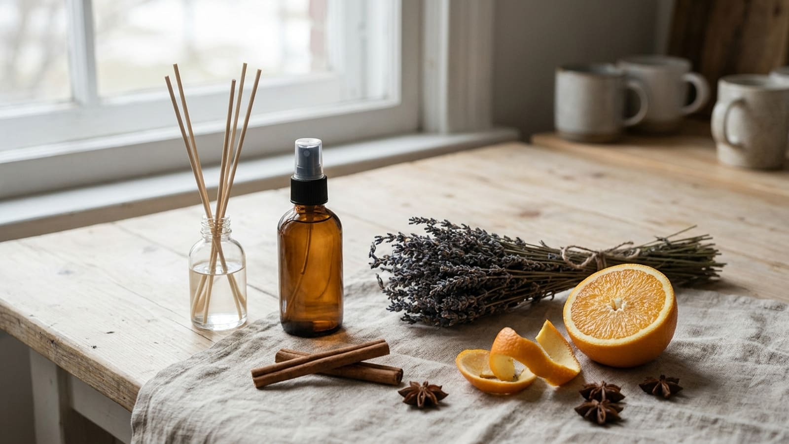 Klares Glasfläschchen mit Duftstäbchen, braune Sprühflasche ohne Etikett, ein Bund getrockneter Lavendel, eine halbe Orange mit Schalenstreifen, Zimtstangen und Sternanis auf einem Tuch auf einem Holztisch am Fenster